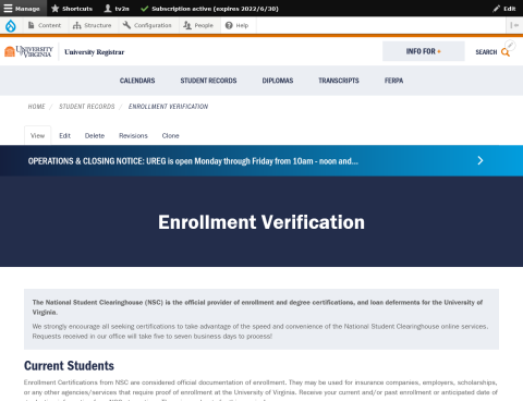Enrollment Verification, University Registrar